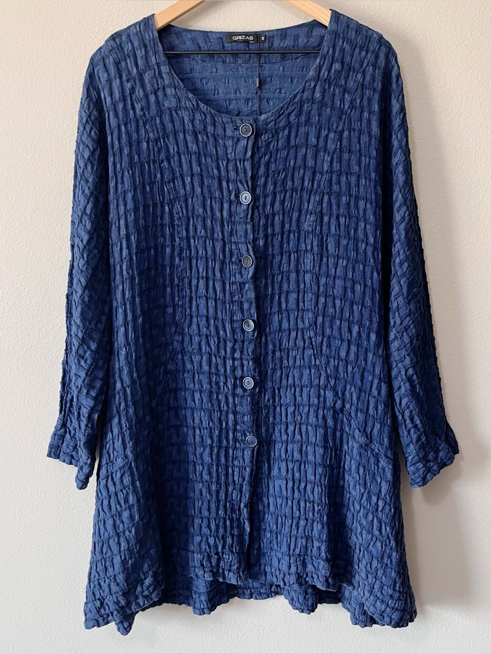 Grizas NWT Linen-Blend Blue Crinkled Button Front Tunic Top Medium Lagenlook